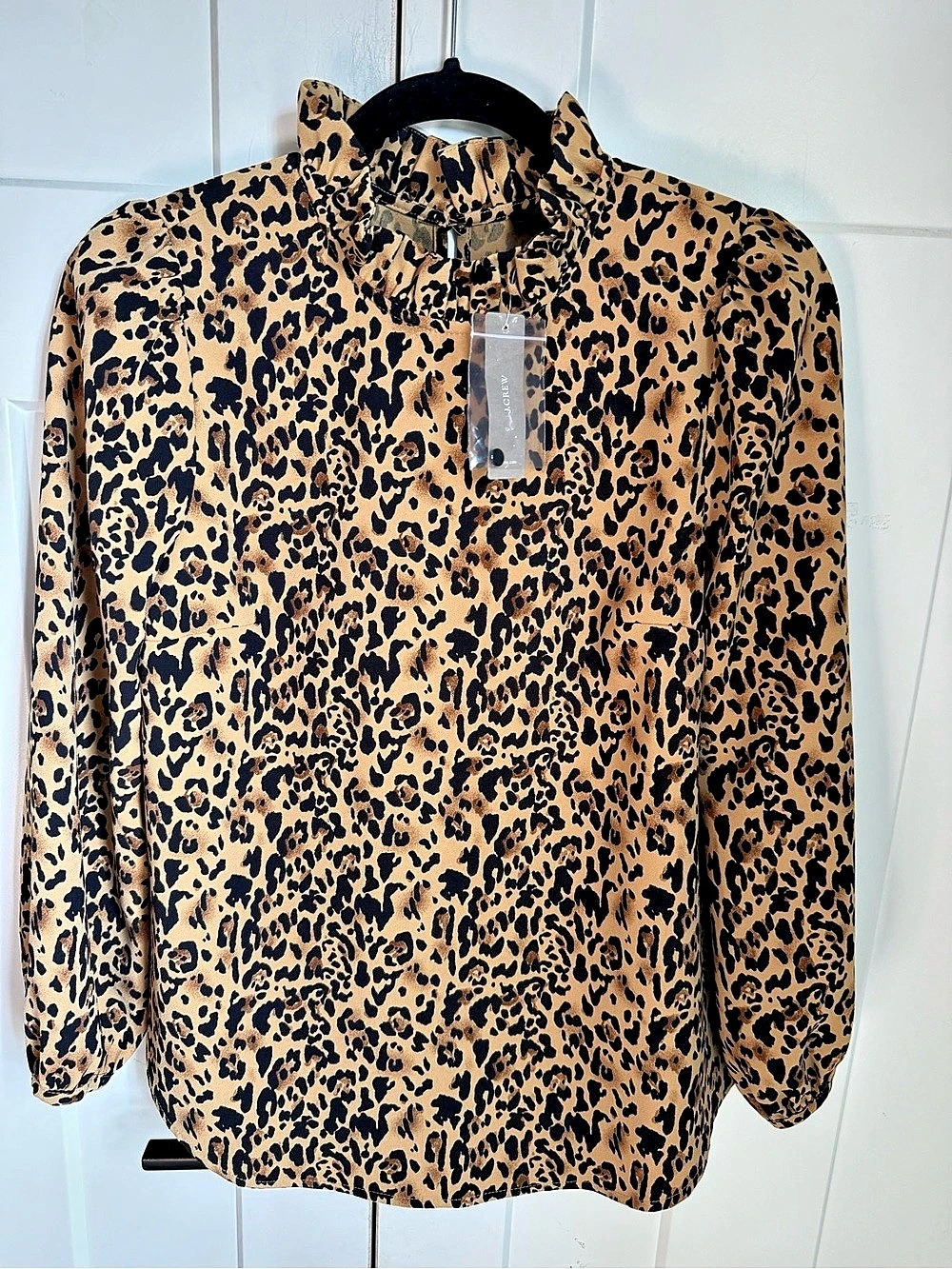 NWT J.Crew Ruffle Tie-neck Top in Leopard Print Leopard Print Blouse Brown & Bla